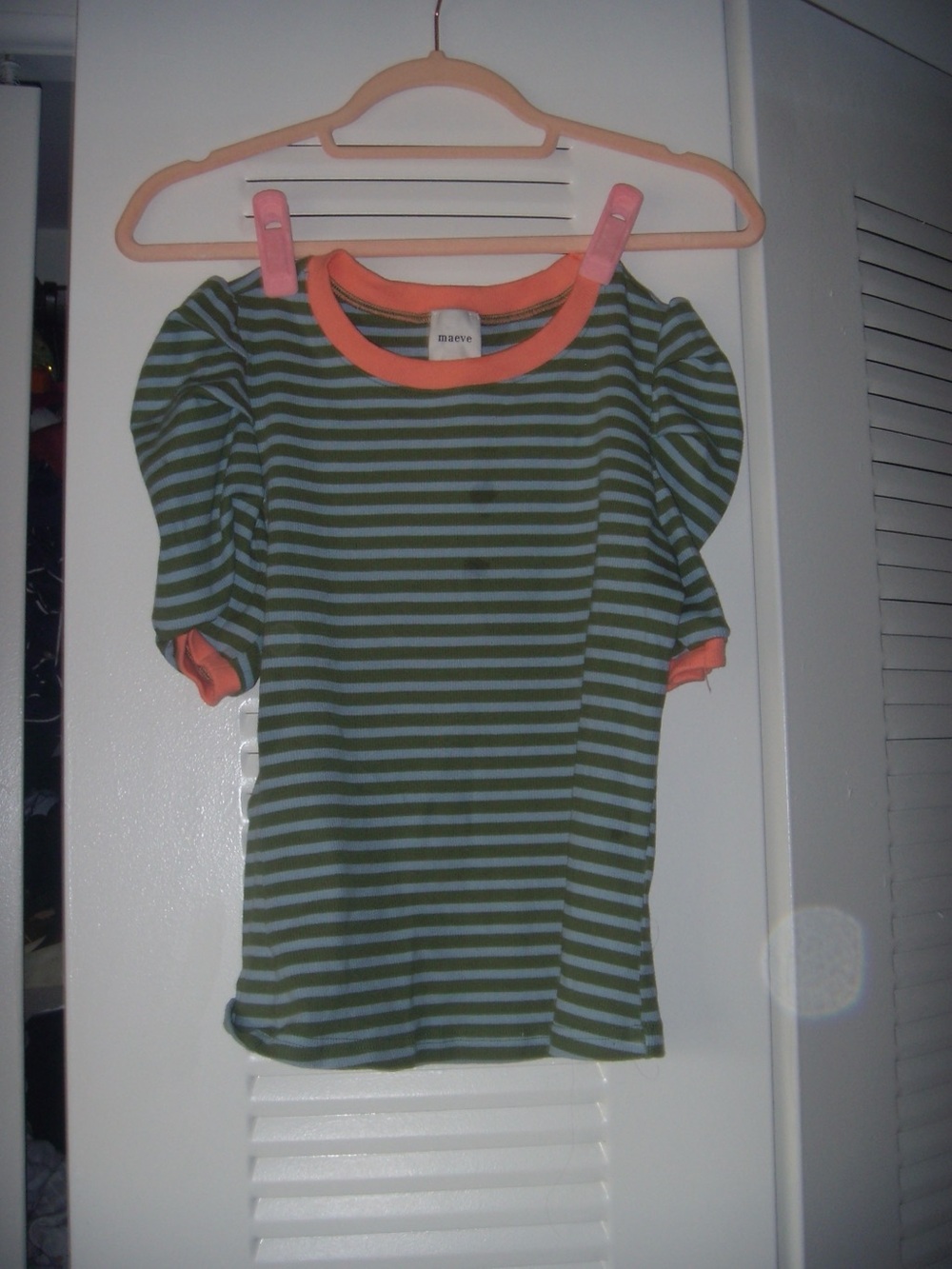 Maeve Green and Light Blue Striped Tee with Coral Trim